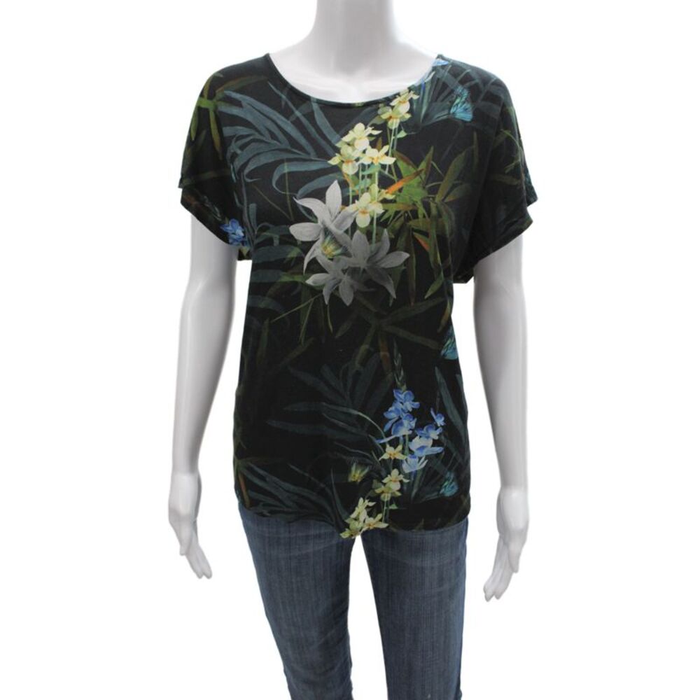 Ted Baker London Women Black Floral Scoop Neck Jersey Tee Short Sleeve Size 3